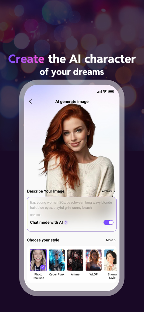 Linky AI: Chat, Play, Connect - Linky AI App-Bildschirm, der zeigt, wie man mit Text-Prompts und verschiedenen visuellen Stiloptionen einen benutzerdefinierten KI-Charakter erstellt.