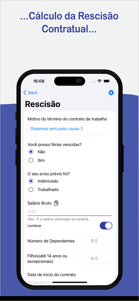 Cálculos Trabalhistas - Interface do aplicativo Calculos Trabalhistas com campos para calculo de rescisao contratual