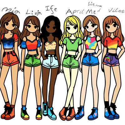 a group of girls wearing crop tops and shorts