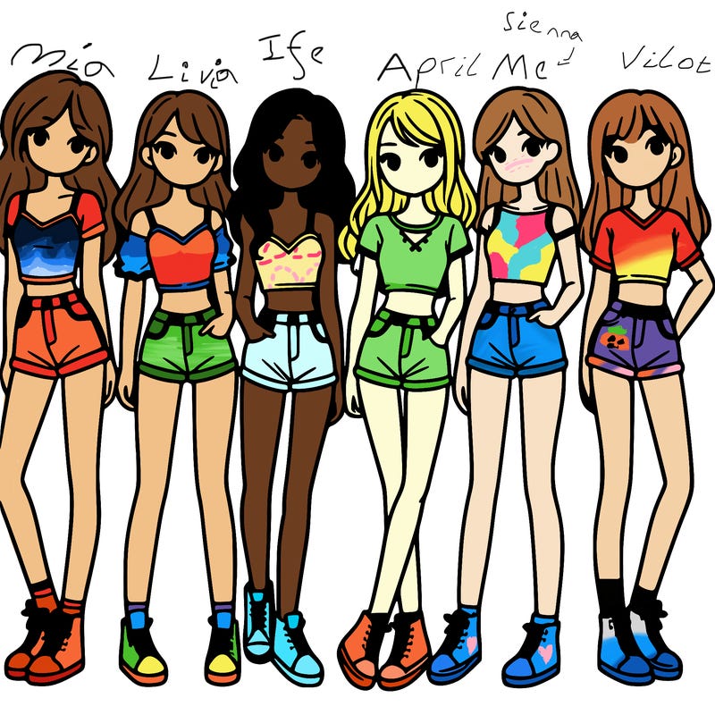 a group of girls wearing crop tops and shorts