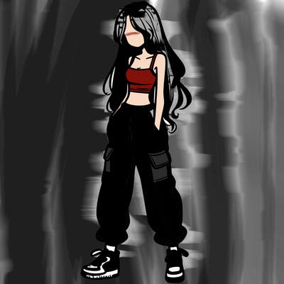 girl in baggy pants crop top and long hair