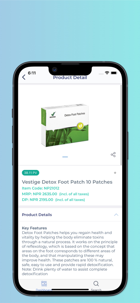 Página de detalles del producto para Vestige Detox Foot Patches en la aplicación Healthy Living Nepal