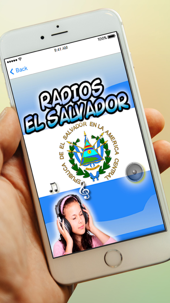 Emisoras de Radios de El Salvador AM FM Gratis - Pantalla de smartphone mostrando la app Radios El Salvador con la bandera nacional y gráficos musicales