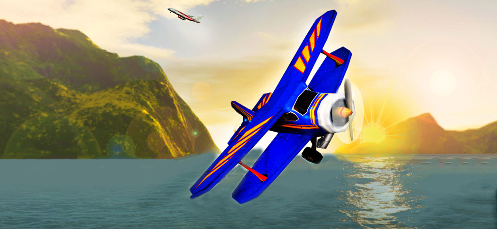 A blue and yellow biplane flying over the ocean during sunset near tropical islands.
