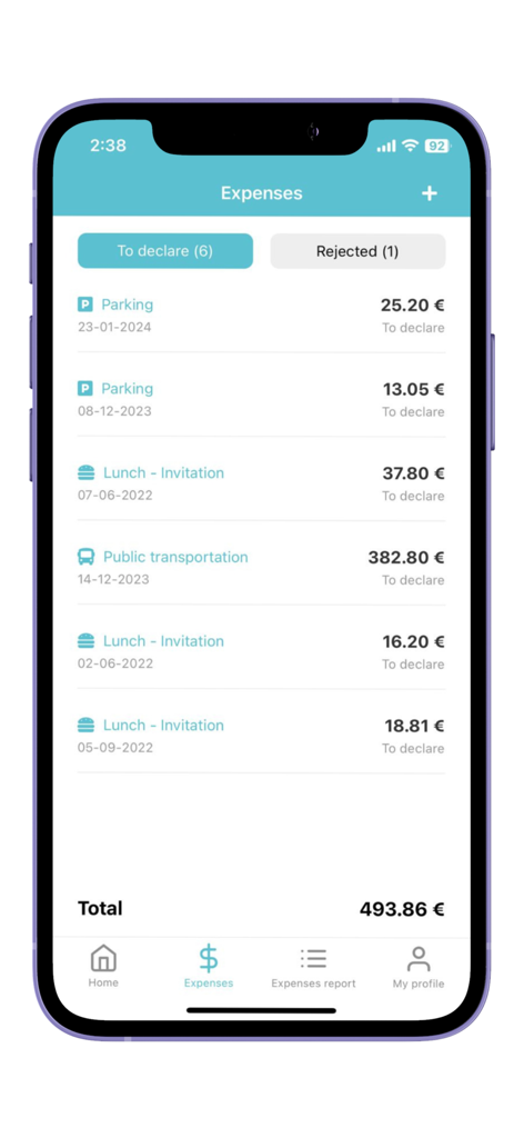 QLIVE mobile Anwendungsoberfläche, die den Ausgaben-Bildschirm mit einer Liste von Geschäftskosten anzeigt, einschließlich Parkgebühren, Mittagessen, Einladungen und Fahrkarten für öffentliche Verkehrsmittel, die auf eine Deklaration warten