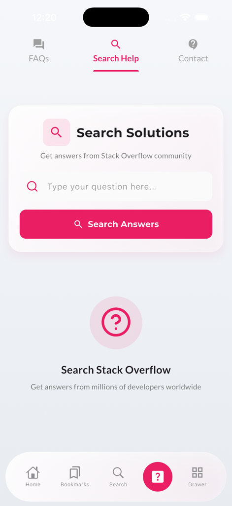 Learn Angular Development - Der "Hilfe suchen"-Bildschirm der Learn Angular Development App mit einem Stack Overflow-Suchfeld