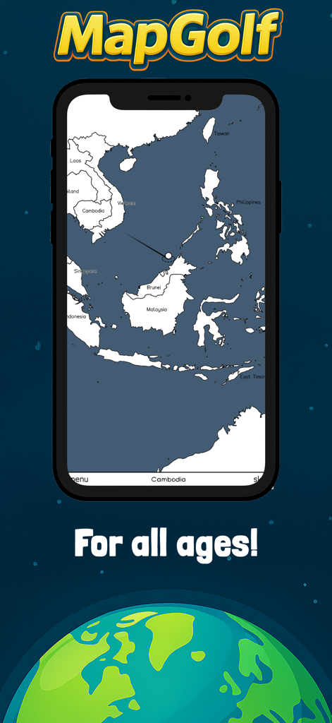 MapGolf: Learn Geography - A screenshot of MapGolf gameplay showing a map of Southeast Asia on a smartphone with the slogan For all ages