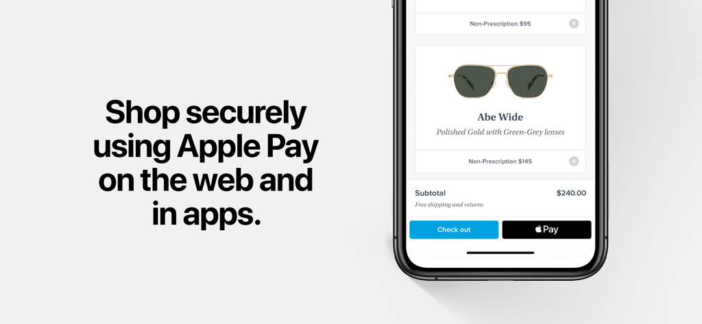 Tela do iPhone mostrando uma página de checkout segura com um botão Apple Pay para compras online