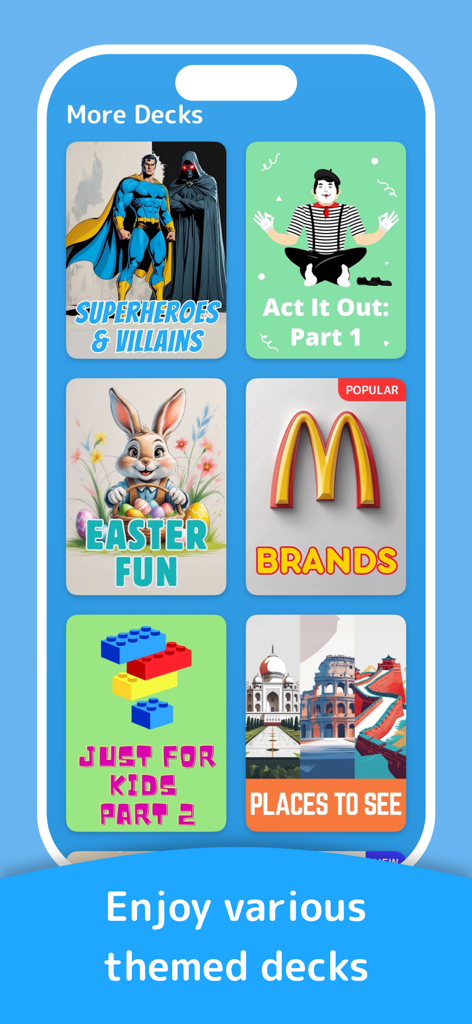 Charades - Family & Party Game - Un menú de mazos temáticos en la aplicación Charades que incluye las categorías Superhéroes, Marcas y Niños