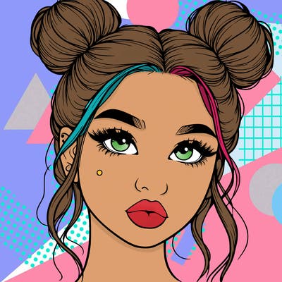 realistic girl with two buns on her hair and lips