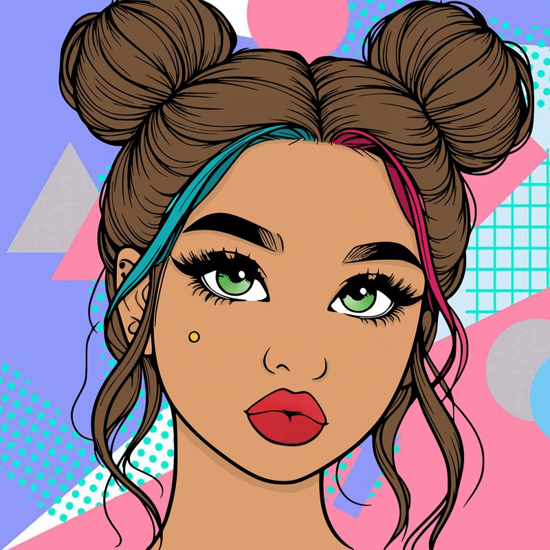 realistic girl with two buns on her hair and lips