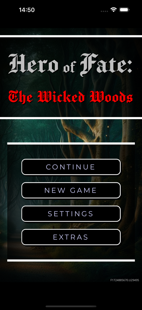 Pantalla del menú principal del RPG móvil Hero Of Fate The Wicked Woods mostrando opciones para Nuevo Juego y Configuración