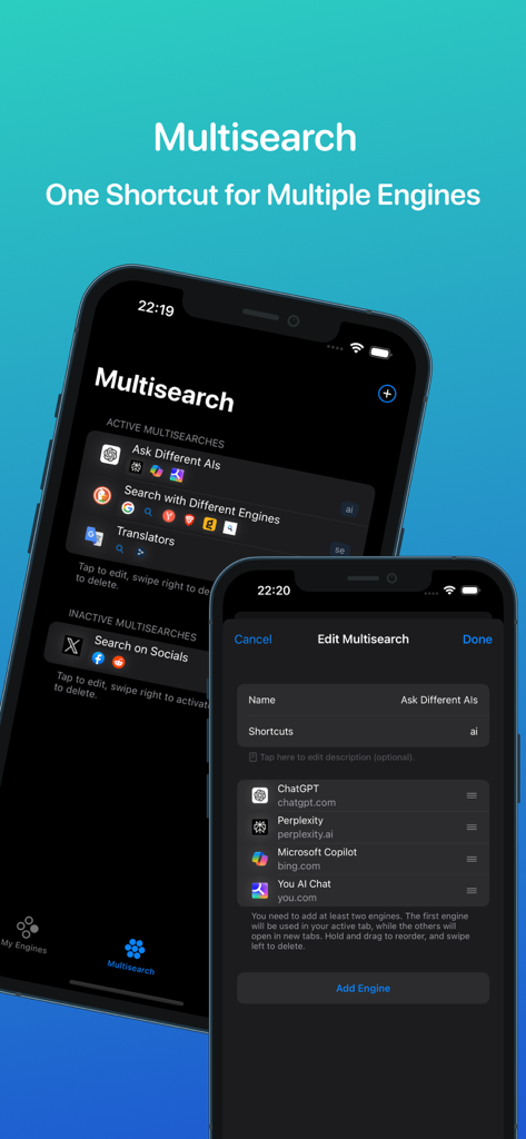 xSearch for Safari - xSearch for Safari multisearch feature showing shortcuts for multiple AI engines like ChatGPT and Perplexity