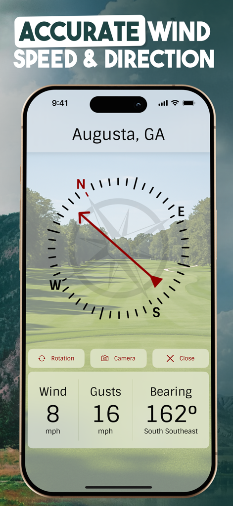 Wind Compass - Windygo - Windygo app showing accurate wind speed and direction with a compass overlay on a golf course background