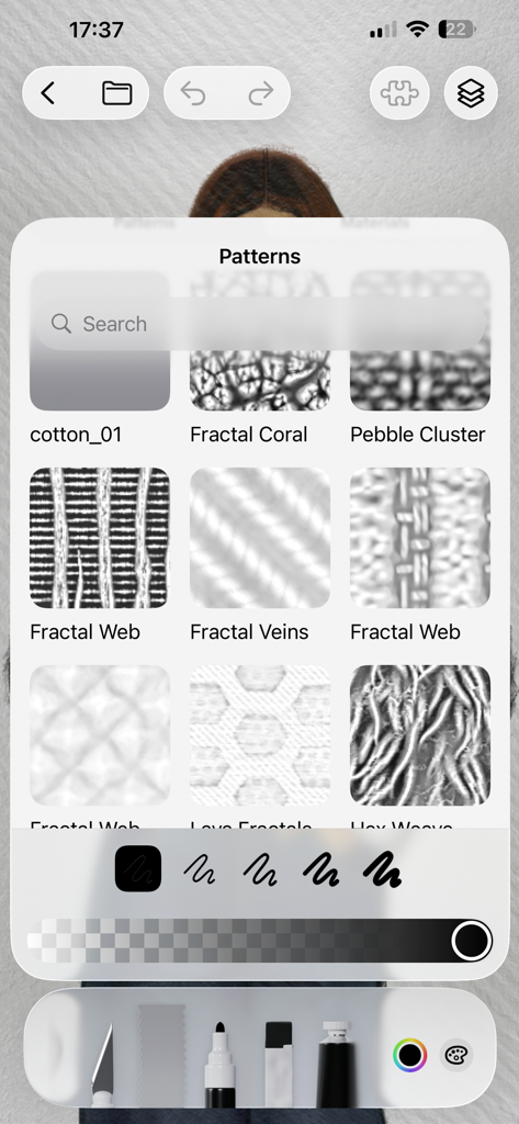 A library of textile and fractal patterns for fashion design within the Pret a Template app interface