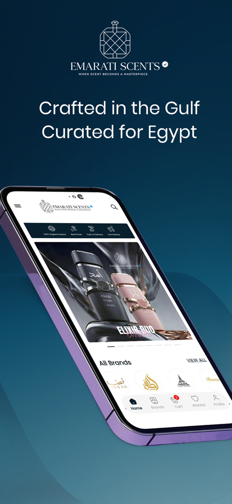 Emarati Scents mobile shopping app interface displaying luxury Arabic perfume brands and products on a smartphone screen.