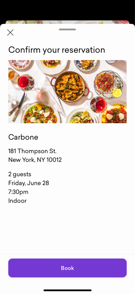 Dorsia Members Club - Reservation confirmation screen for Carbone restaurant in New York City on the Dorsia app.