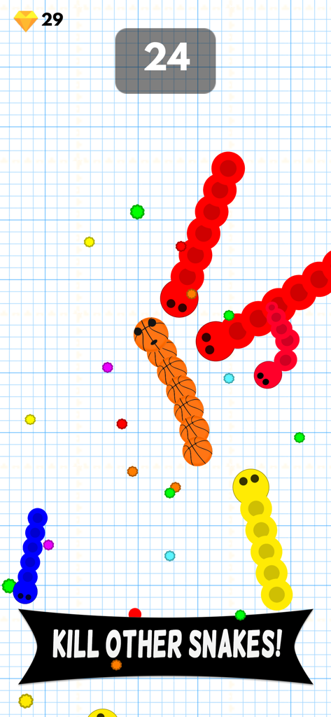 Gameplay screenshot of Eat Snakes showing various colorful worms and a basketball skin on a grid background
