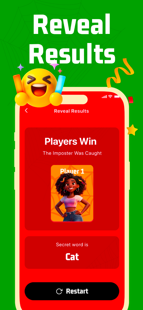 Imposter Spy Game - WhoIsSpy - Pantalla de resultados de la aplicación de juego de fiesta WhoIsSpy que muestra que el impostor fue atrapado y los jugadores ganaron