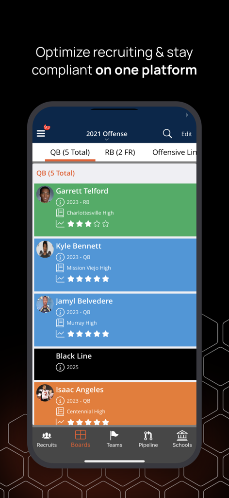 TW Compliance + Recruiting - Mobile dashboard of TW Compliance and Recruiting app showing a recruiting board for college athletes with star ratings and high school info.
