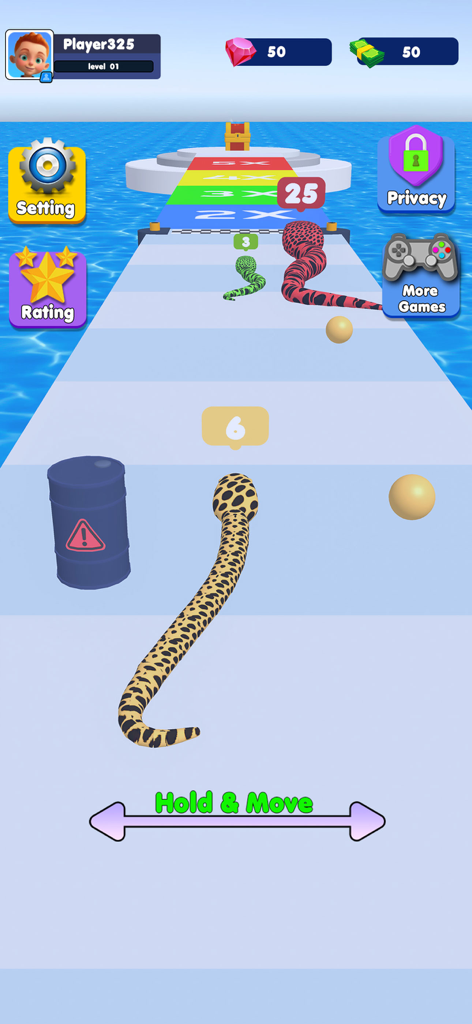 Una serpiente con estampado de leopardo corre en una pista flotante sobre el océano hacia una línea de meta