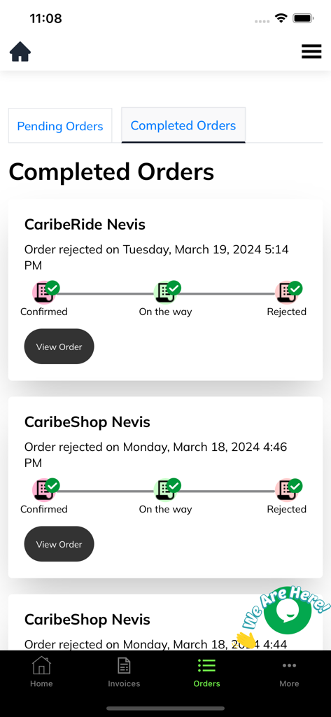 CaribeEats - CaribeEats mobile app screen showing a list of completed and rejected orders with status timelines for ride and shop services