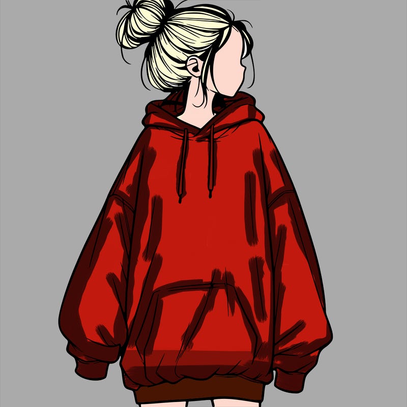 realistic girl with a oversized sweatshirt on and a bun