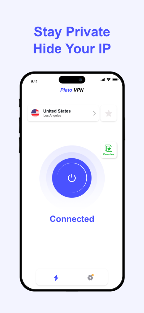 PlatoVPN Pro: Fast, Stable VPN - PlatoVPN Pro app interface on iPhone showing a successful connection to a US server for private browsing