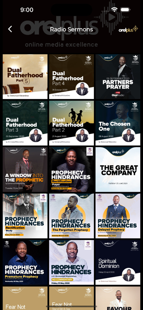 Orel Plus - Eine Archivbildschirm der Orel Plus App mit einer Rasteransicht von christlichen Radiopredigten von Emmanuel Makandiwa.