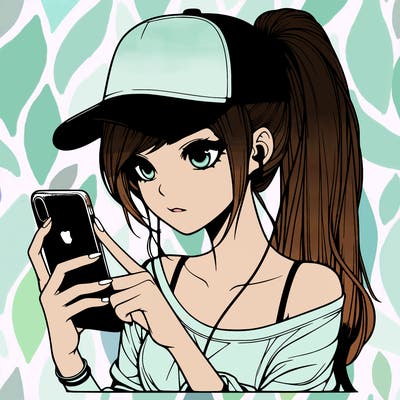 realistic girl with a long ponytail and trucker hat holding an iphone
