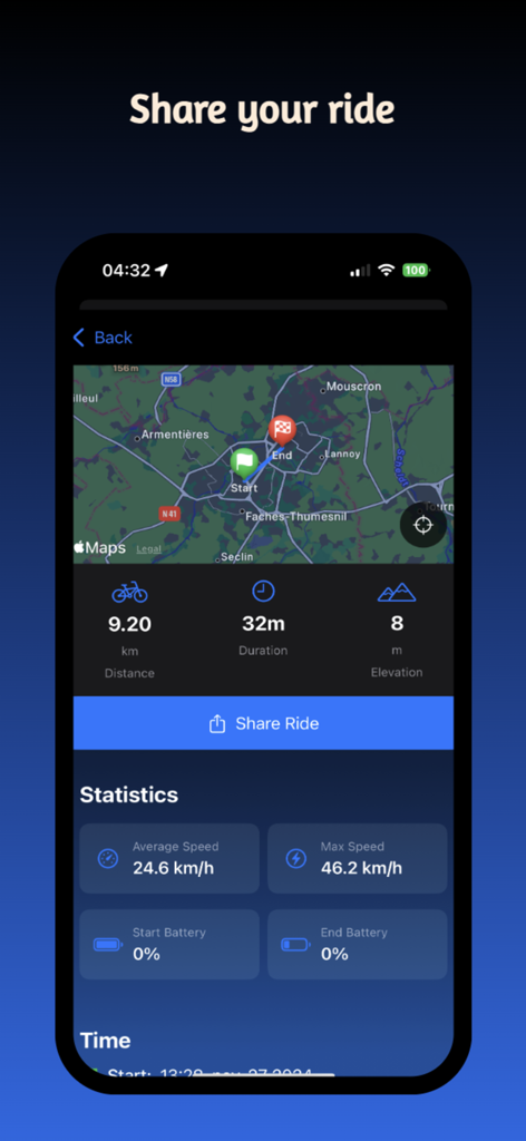 Bikee - Una pantalla de la aplicación móvil de Bikee que muestra un resumen del viaje con un mapa y estadísticas como distancia, velocidad y duración.