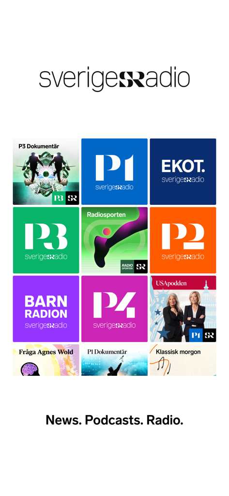 Sveriges Radio - A grid of various Swedish radio channels and podcast icons from the Sveriges Radio app