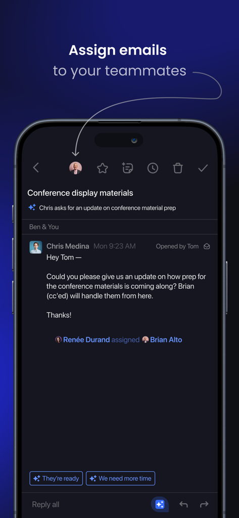 Shortwave - AI Email - Shortwave app interface showing how to assign emails to teammates for better team collaboration