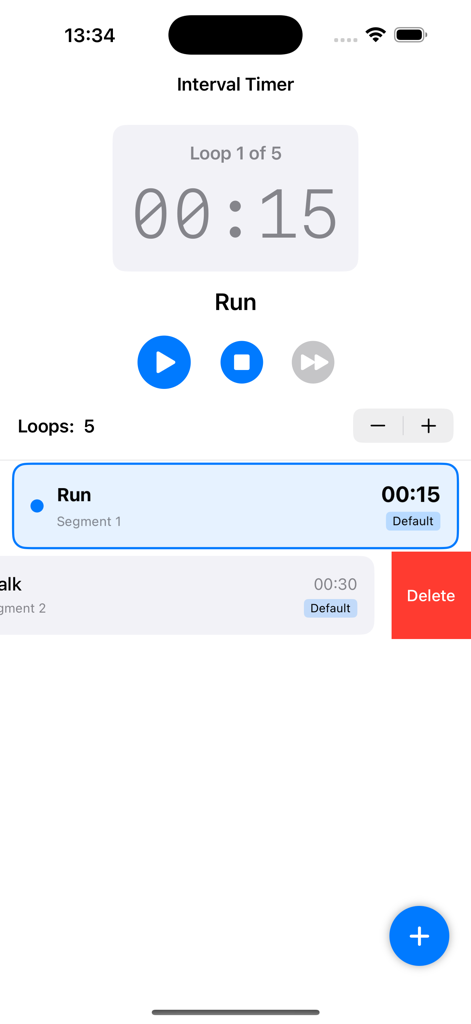 HIIT & Run Interval Timer - HIIT & Run Interval Timer app interface showing a 15 second run segment countdown and interval management options