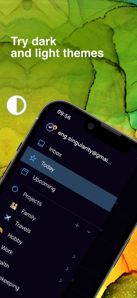 Singularity To Do List app interface on iPhone showing project sidebar and dark theme option