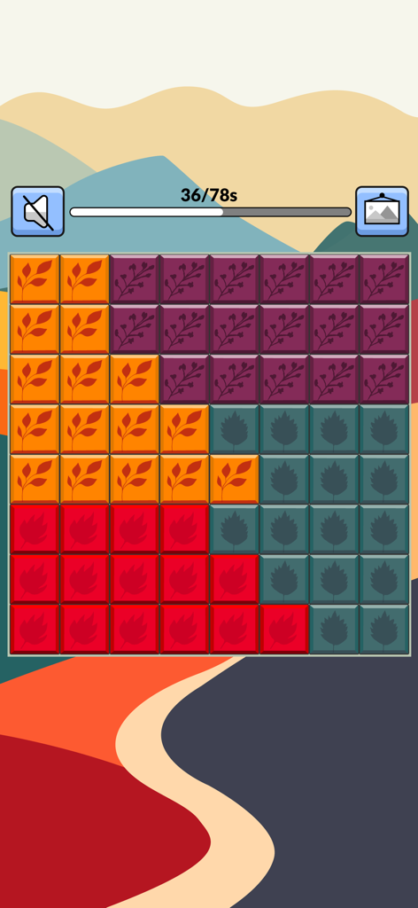 Block Puzzle: blast the square - Una cuadrícula de coloridos bloques cuadrados con patrones de hojas sobre un fondo de paisaje escénico