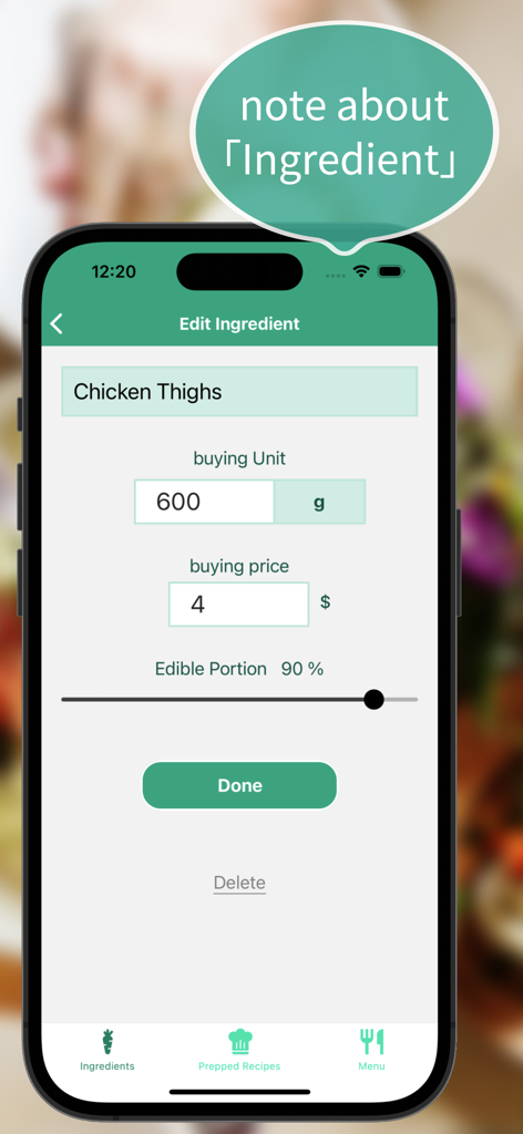 Fooster：Cost Recipe Calculator - Fooster app interface showing the Edit Ingredient screen for chicken thighs with buying price and edible portion calculation