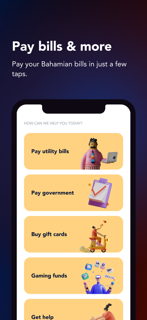 SunCash Bahamas - SunCash Bahamas mobile app screen showing options to pay utility bills and government fees
