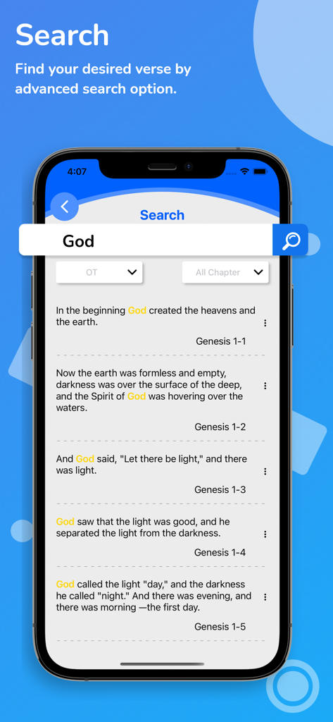 A screenshot of the search feature in the Amplified Bible app showing results for the word God