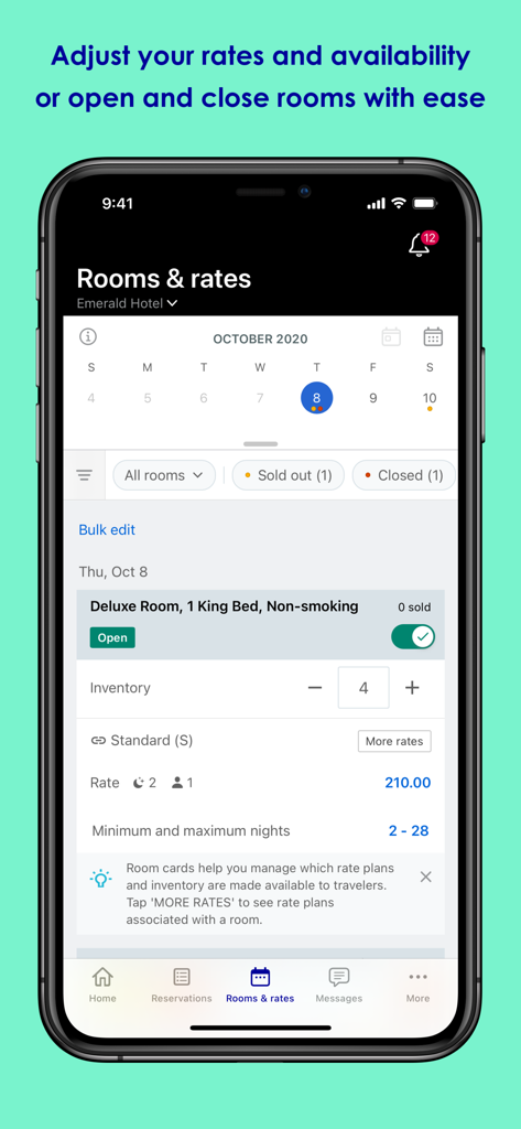 Expedia Group Partner Central - Expedia Group Partner Central mobile app screen for managing hotel room rates and inventory availability