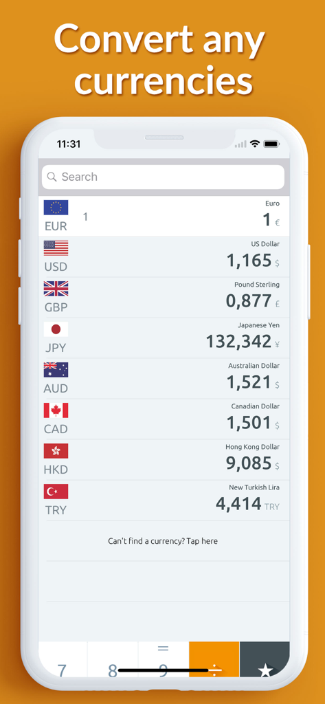 Money converter - Currency - Money converter app interface showing a list of global currency exchange rates on an iPhone