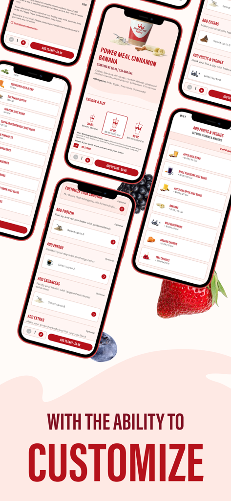 Smoothie King - Smoothie King app interface showing options to customize smoothies with protein and healthy extras