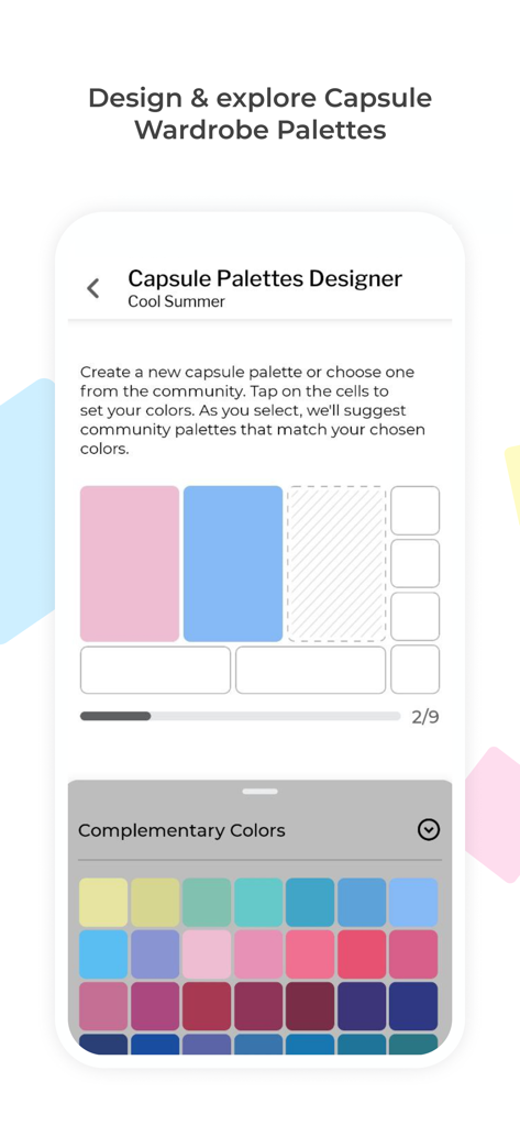 Interface of the My Best Colors app showing the Capsule Palettes Designer for a Cool Summer color type