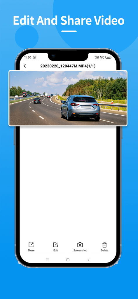 VeeCar - Interface of the VeeCar app showing a dashcam video playback on a highway with options to edit and share the footage