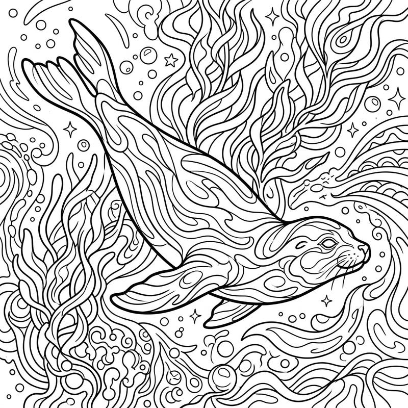 Explore the depths of creativity with this unique psychedelic swimming seal coloring page. Its intricate patterns and graceful marine life offer a relaxing escape for all ages.