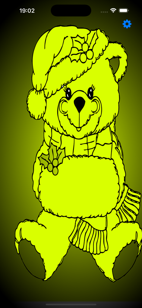 Um urso de pelúcia amarelo brilhante com um chapéu de Papai Noel usado como luminária noturna no aplicativo Mood Colors.