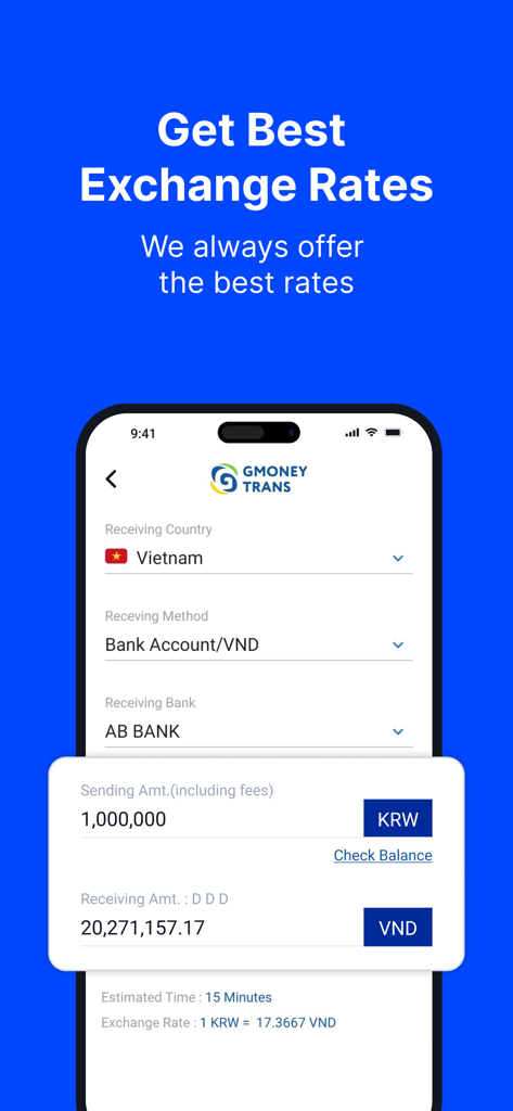 GmoneyTrans app screen showing Korean Won to Vietnamese Dong exchange rate calculator