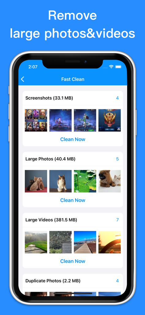 Cleaner - Clean Storage - Interfaz de la app Cleaner mostrando elementos de almacenamiento categorizados como capturas de pantalla y archivos multimedia grandes con botones para limpiar ahora y liberar espacio.