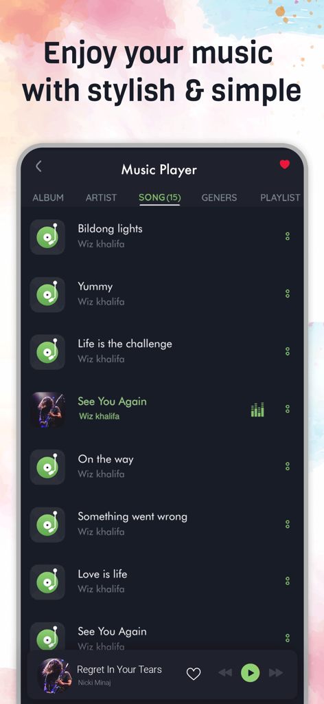 Interfaccia del lettore musicale di MX Video Player HD che mostra un elenco di brani e i controlli di riproduzione
