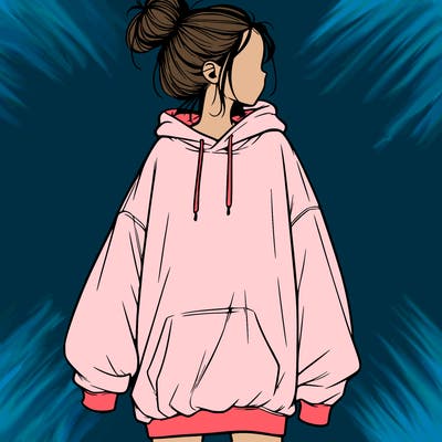 realistic girl with a oversized sweatshirt on and a bun